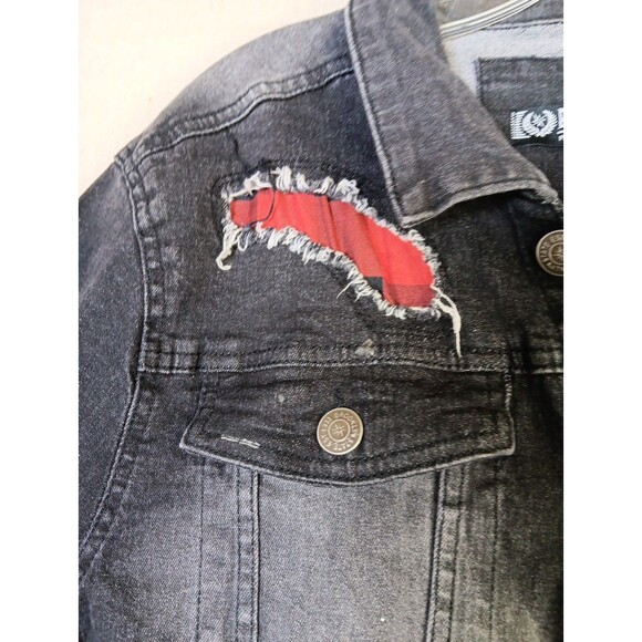 Brooklyn State Distressed Denim Trucker Jacket Black Medium Ripped Painted EUC - Picture 4 of 9